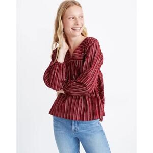 Madewell Women's Swingy Peasant Top In Metallic Stripe Dark Red Size M